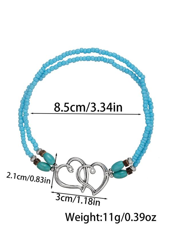 Boho Style Heart Decor Beaded Anklet, Fashionable Double Layer Foot Jewelry for Women & Girls, Fashion Jewelry for Party, Daily Clothing Decor, Trendy All-match & Exquisite Jewelry for Birthday Gift