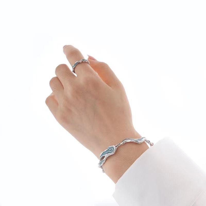 [Limited time offer] Design sense of light blue bracelet ring set men and women irregular dripping texture niche high-end accessories hand jewelry