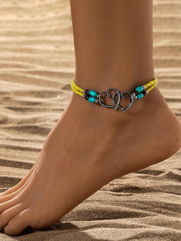 Boho Style Heart Decor Beaded Anklet, Fashionable Double Layer Foot Jewelry for Women & Girls, Fashion Jewelry for Party, Daily Clothing Decor, Trendy All-match & Exquisite Jewelry for Birthday Gift