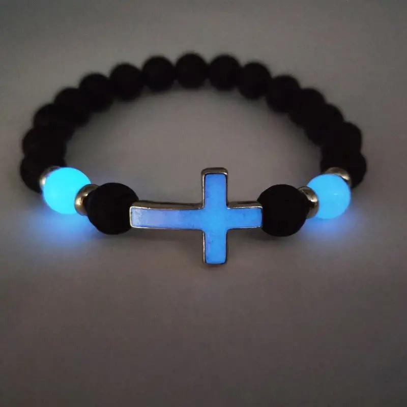 Glow In The Dark Beaded Bracelet Sports Luminous Cross Volcano Stone Beaded Elastic Bracelet for Women Men Energy Healing Bracelet Luck Jewelry Gifts