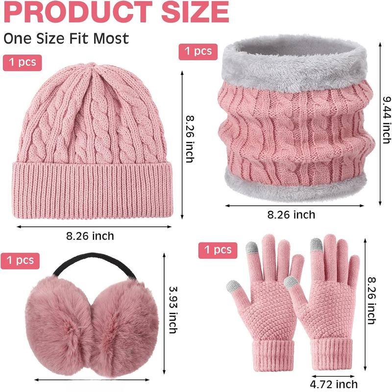 4  Winter Hat Scarf Gloves and Ear Warmers Set, Fleece Lined Knit Hat Scarf Touch Screen Gloves for Women Girl