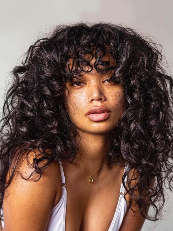 18 Inch Long Afro Curly Wigs for Women & Girls,  Natural Wavy Wig, Gorgeous Fluffy Wigs with Curly Bangs, Glueless Synthetic Hair Wigs for Cosplay & Costume Party, Beginners Glueless Wig Hairstyle Ideas