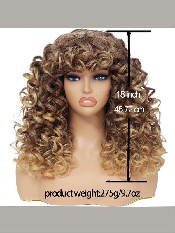 18 Inch Long Afro Curly Wigs for Women & Girls,  Natural Wavy Wig, Gorgeous Fluffy Wigs with Curly Bangs, Glueless Synthetic Hair Wigs for Cosplay & Costume Party, Beginners Glueless Wig Hairstyle Ideas