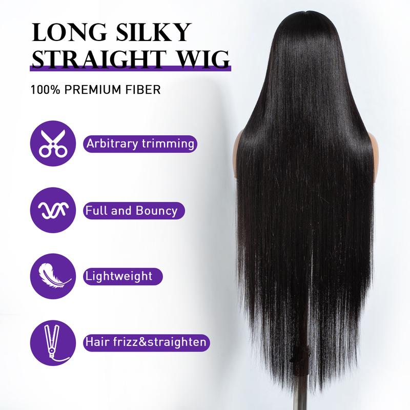 [Style Icon] 38” Super Long Silky Straight Wigs Lace Front Wigs Pre-Plucked 4.5” Deeper Middle Part Wig Black Synthetic Wig