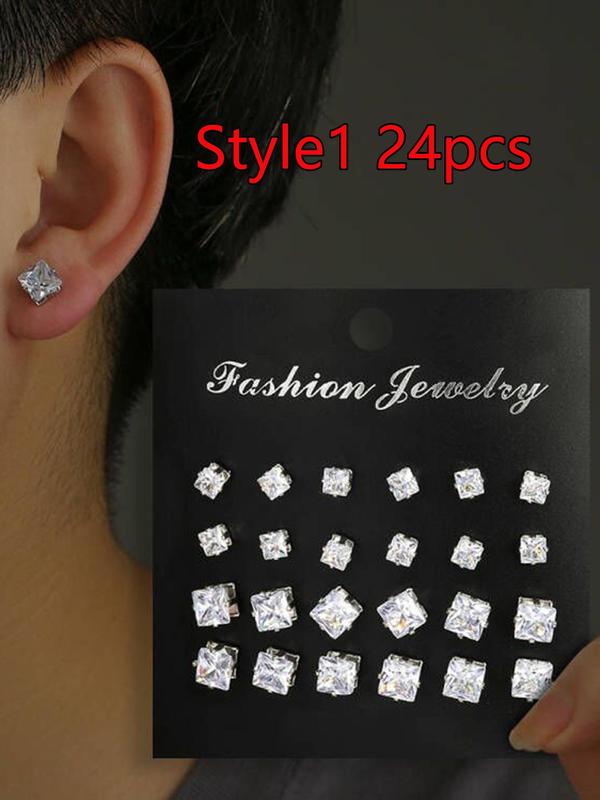 Fashion Mixed Size Rhinestone Decorated Stud Earring, Casual Heart & Square Shaped Stud Earrings for Women & Men, Jewelry for Party, Daily Clothing Decor for Girl & Boy