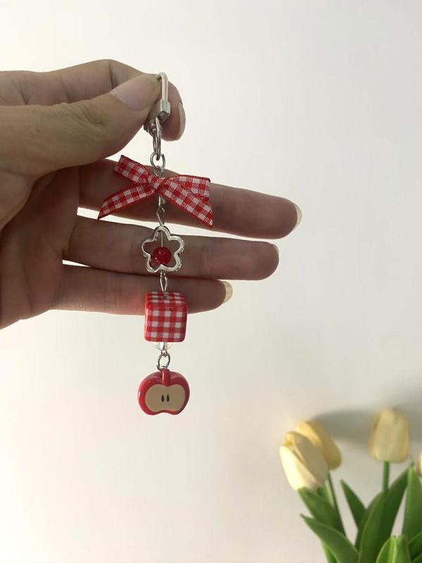 Cute Apple Design Keychain, Bow & Flower Decor Keychain for Car Key & Phone for Women & Girls, Fashion Y2k Accessories for Bag Decoration