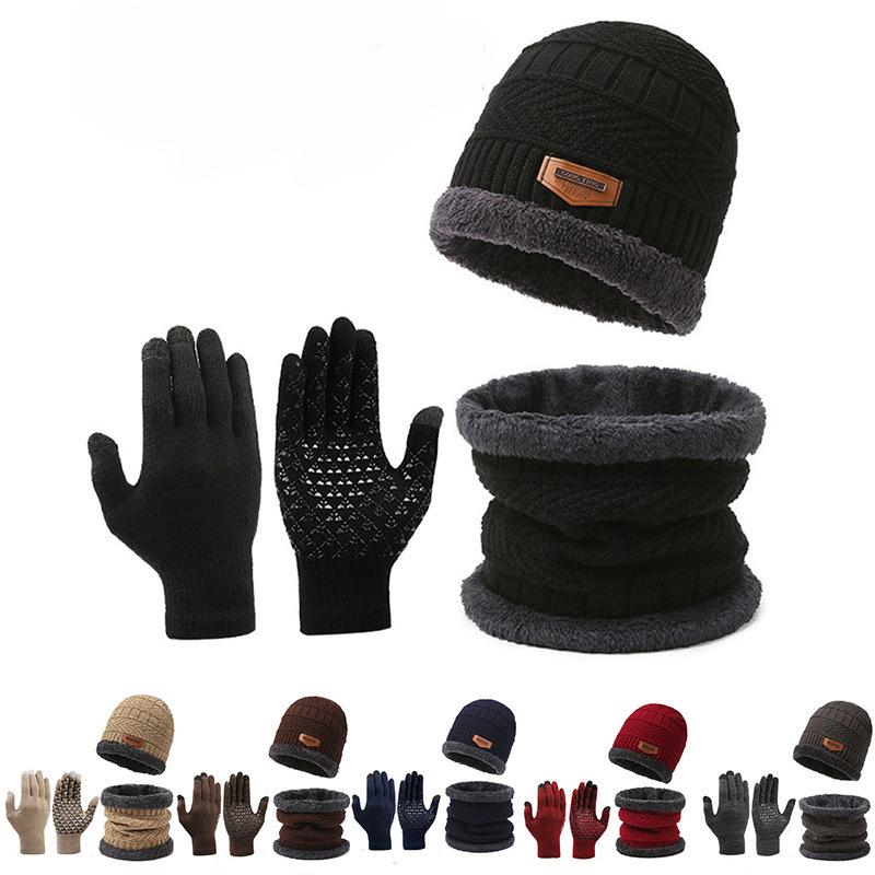 Winter Men's Knitted Hat Suit Scarf Gloves Three-Piece Set Scarf All-in-One Warm Keeping Fleece-Lined Woolen Hat