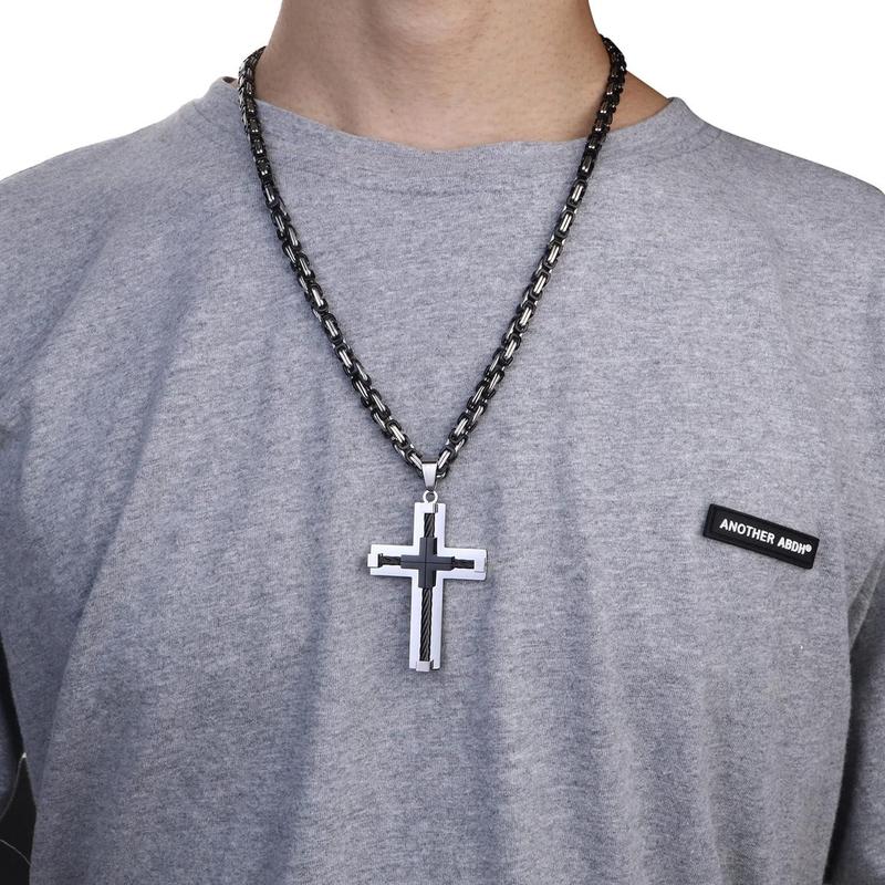 FLORIDECO Stainless Steel Large Cross Chain Silver Gold Black Cross Pendant Byzantine Chain Necklace Cross Necklace for Men ,24