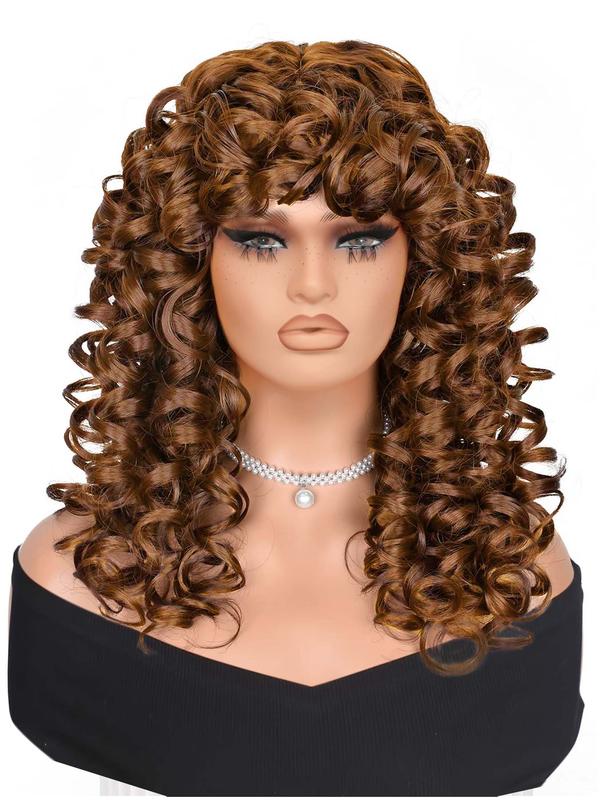 18 Inch Long Afro Curly Wigs for Women & Girls,  Natural Wavy Wig, Gorgeous Fluffy Wigs with Curly Bangs, Glueless Synthetic Hair Wigs for Cosplay & Costume Party, Beginners Glueless Wig Hairstyle Ideas