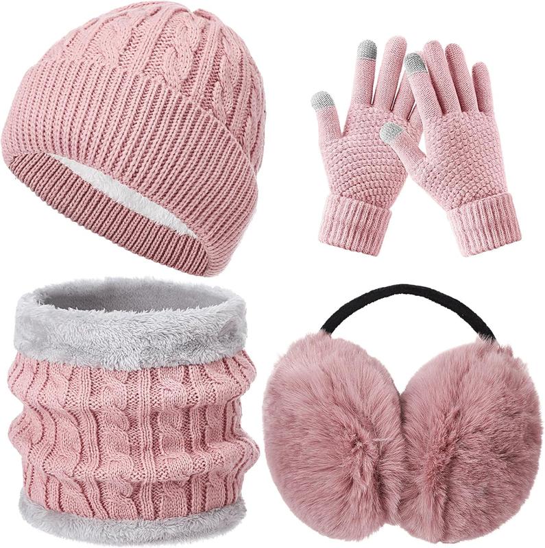 4  Winter Hat Scarf Gloves and Ear Warmers Set, Fleece Lined Knit Hat Scarf Touch Screen Gloves for Women Girl