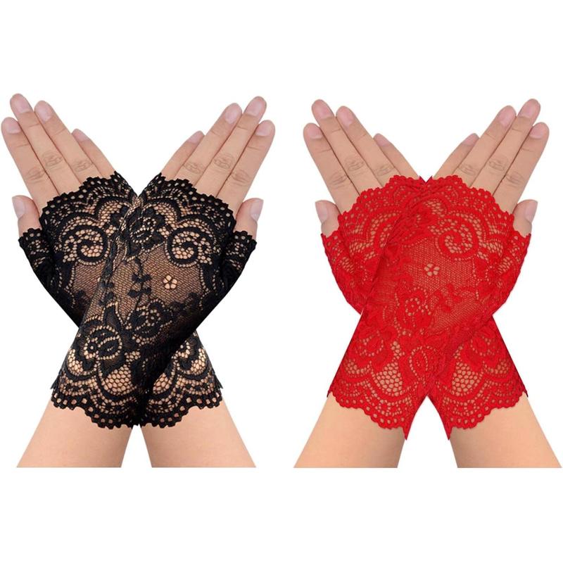 2 Pairs Women's Lace Gloves Fingerless Floral Gloves Bridal Prom Gloves for Wedding Party Costume Accessories