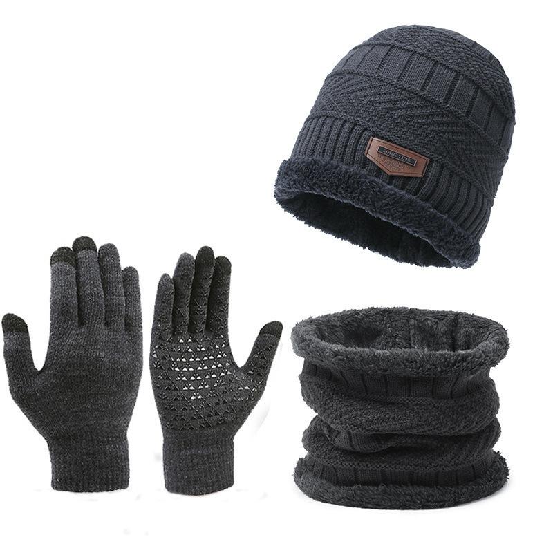 Winter Men's Knitted Hat Suit Scarf Gloves Three-Piece Set Scarf All-in-One Warm Keeping Fleece-Lined Woolen Hat