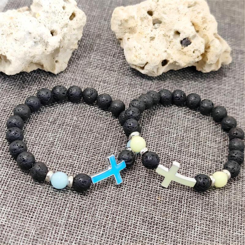 Glow In The Dark Beaded Bracelet Sports Luminous Cross Volcano Stone Beaded Elastic Bracelet for Women Men Energy Healing Bracelet Luck Jewelry Gifts