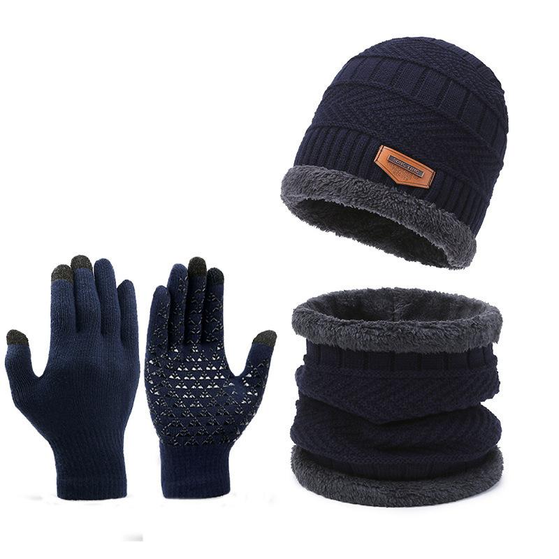 Winter Men's Knitted Hat Suit Scarf Gloves Three-Piece Set Scarf All-in-One Warm Keeping Fleece-Lined Woolen Hat