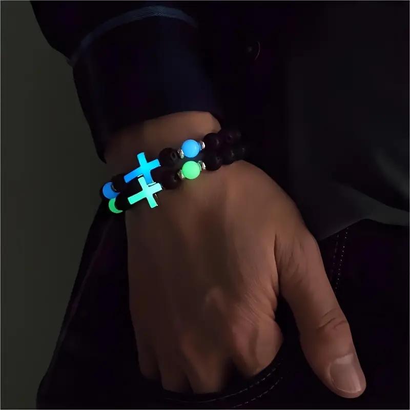 Glow In The Dark Beaded Bracelet Sports Luminous Cross Volcano Stone Beaded Elastic Bracelet for Women Men Energy Healing Bracelet Luck Jewelry Gifts