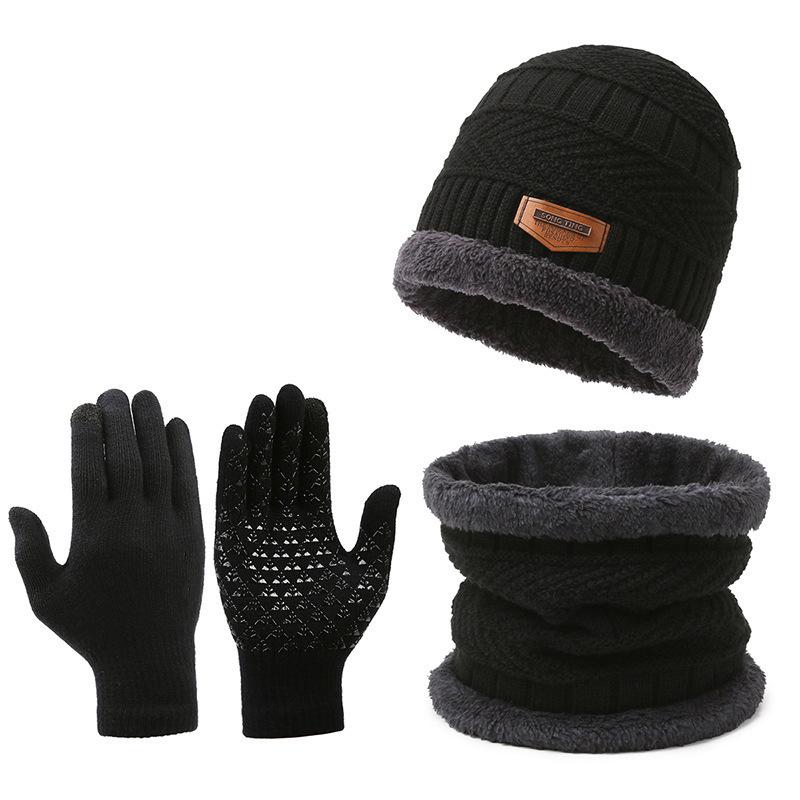 Winter Men's Knitted Hat Suit Scarf Gloves Three-Piece Set Scarf All-in-One Warm Keeping Fleece-Lined Woolen Hat