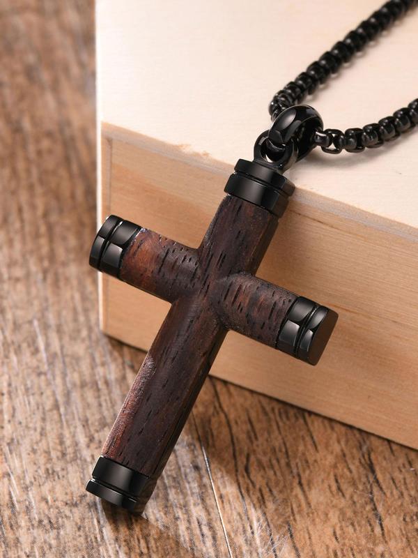 Men's Wooden Cross Pendant Necklace, Stainless Steel Jewelry for Party, Men Jewelry, Daily Clothing Decor, Trendy All-match & Exquisite Jewelry for Birthday Gift