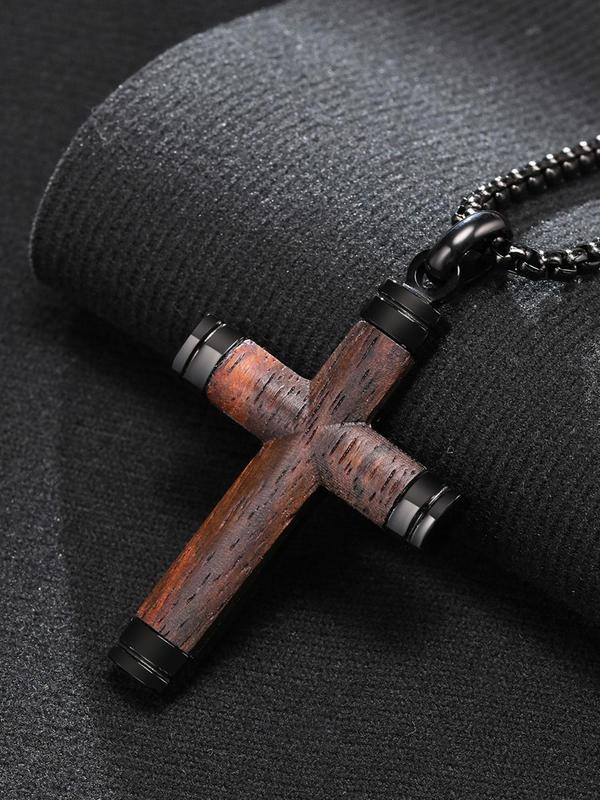 Men's Wooden Cross Pendant Necklace, Stainless Steel Jewelry for Party, Men Jewelry, Daily Clothing Decor, Trendy All-match & Exquisite Jewelry for Birthday Gift