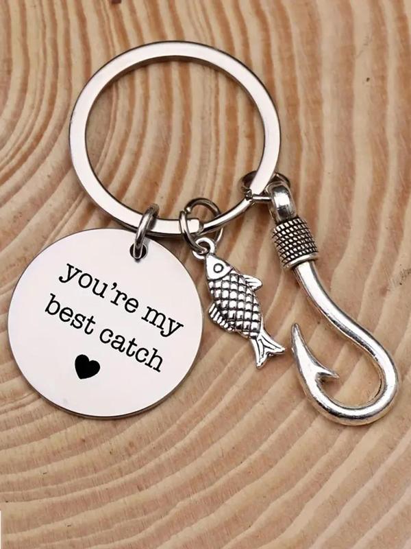 Fashion Letters Heart Print Round Shaped Keychain, with Fish & Fish Hook Charm Decor, Stainless Steel Keychain for Men Women, Car Keys, Bag Decoration