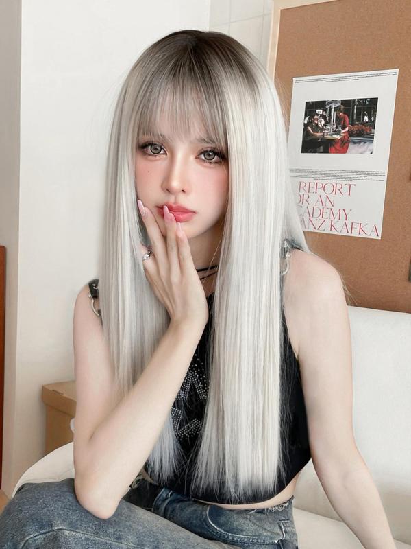 24 Inch Women's Long Straight Synthetic Wig with Bangs, Gorgeous Fluffy Wigs for Party, Elegant All-match Fashion Accessories for Daily & Party Decoration