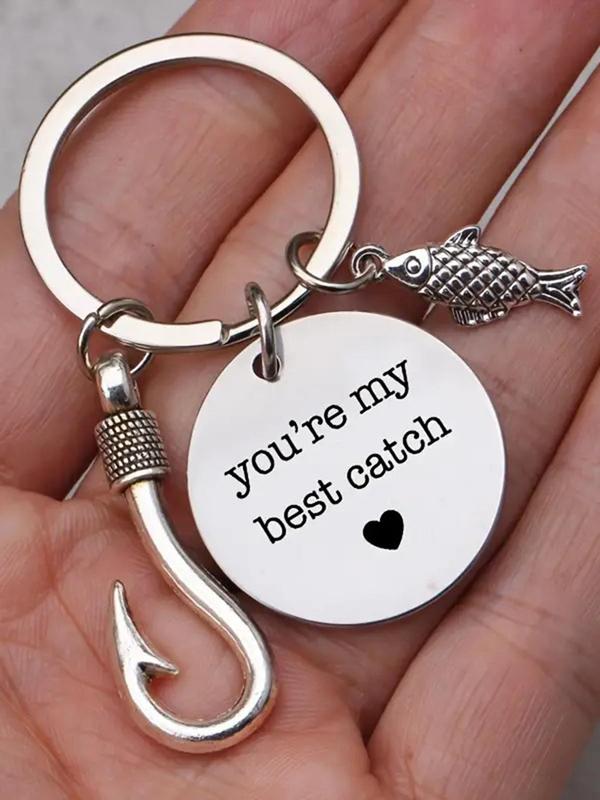 Fashion Letters Heart Print Round Shaped Keychain, with Fish & Fish Hook Charm Decor, Stainless Steel Keychain for Men Women, Car Keys, Bag Decoration