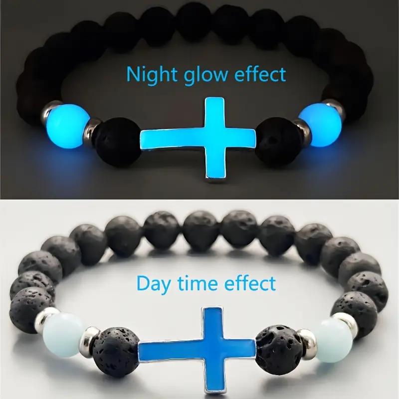 Glow In The Dark Beaded Bracelet Sports Luminous Cross Volcano Stone Beaded Elastic Bracelet for Women Men Energy Healing Bracelet Luck Jewelry Gifts