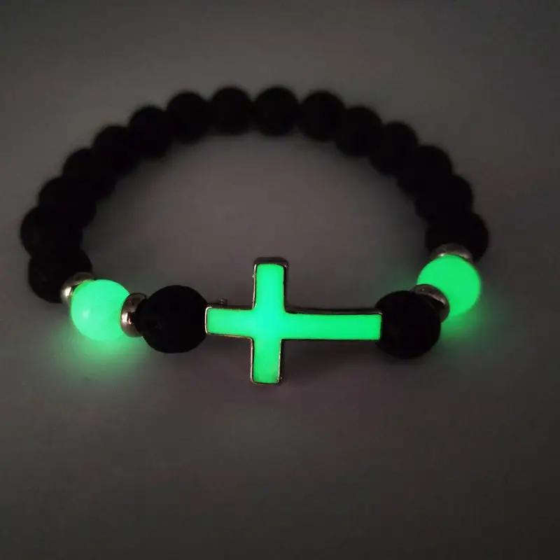 Glow In The Dark Beaded Bracelet Sports Luminous Cross Volcano Stone Beaded Elastic Bracelet for Women Men Energy Healing Bracelet Luck Jewelry Gifts