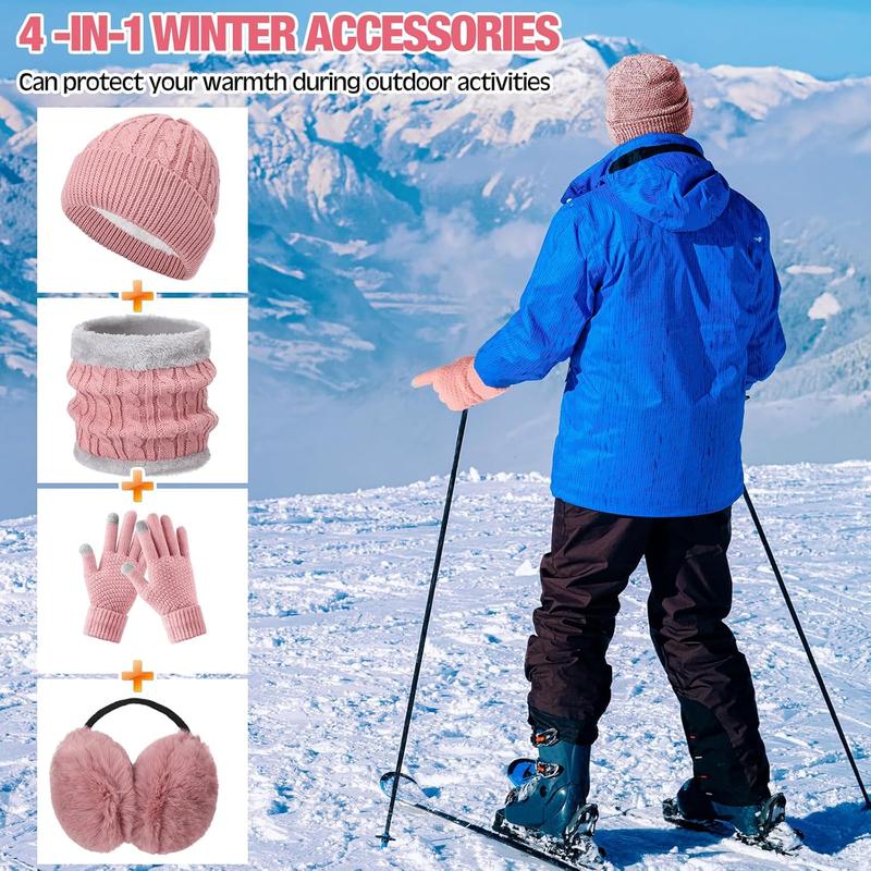 4  Winter Hat Scarf Gloves and Ear Warmers Set, Fleece Lined Knit Hat Scarf Touch Screen Gloves for Women Girl