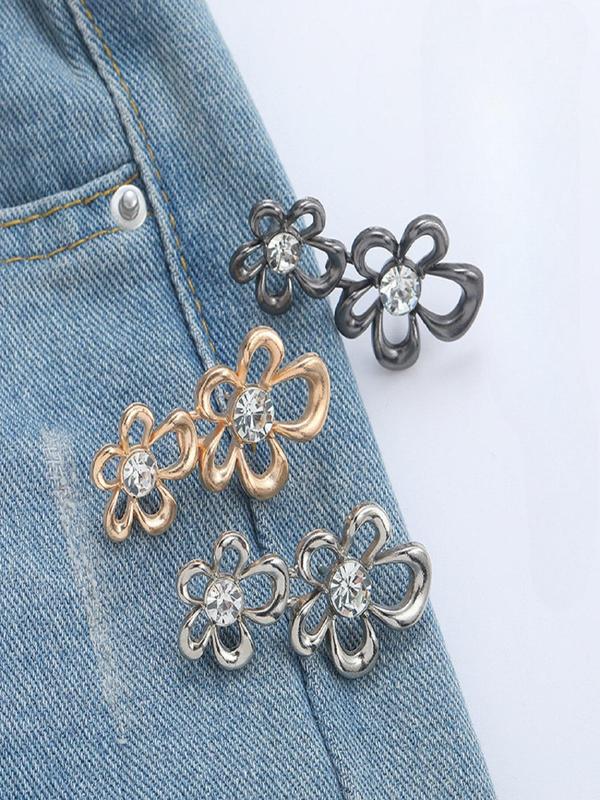 Rhinestone Decor Flower Design Waist Buckle, Fashionable Waist Adjustment Button for Women & Girls, Trendy Exquisite Clothes Accessories for Party Decor