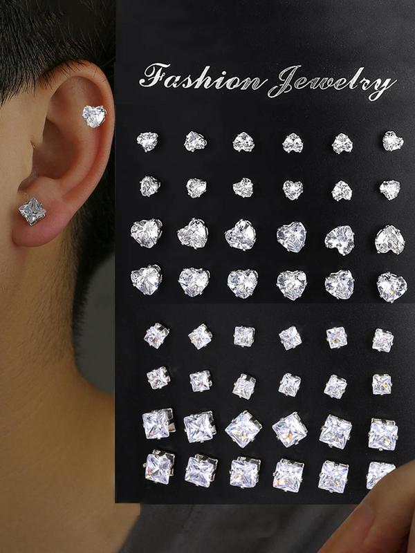 Fashion Mixed Size Rhinestone Decorated Stud Earring, Casual Heart & Square Shaped Stud Earrings for Women & Men, Jewelry for Party, Daily Clothing Decor for Girl & Boy