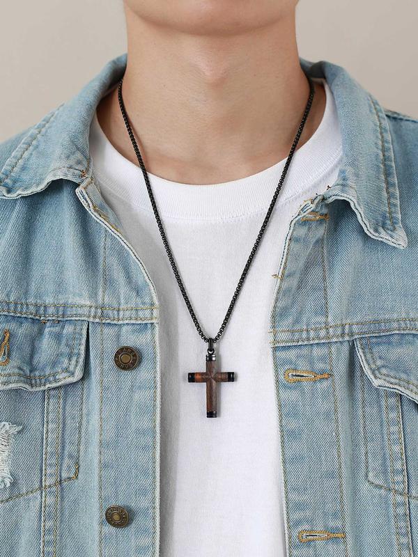 Men's Wooden Cross Pendant Necklace, Stainless Steel Jewelry for Party, Men Jewelry, Daily Clothing Decor, Trendy All-match & Exquisite Jewelry for Birthday Gift