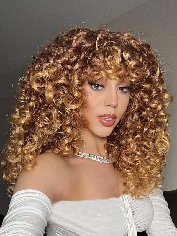 18 Inch Long Afro Curly Wigs for Women & Girls,  Natural Wavy Wig, Gorgeous Fluffy Wigs with Curly Bangs, Glueless Synthetic Hair Wigs for Cosplay & Costume Party, Beginners Glueless Wig Hairstyle Ideas