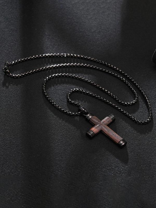 Men's Wooden Cross Pendant Necklace, Stainless Steel Jewelry for Party, Men Jewelry, Daily Clothing Decor, Trendy All-match & Exquisite Jewelry for Birthday Gift