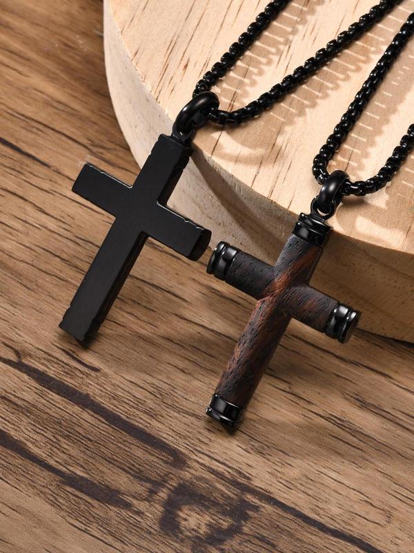 Men's Wooden Cross Pendant Necklace, Stainless Steel Jewelry for Party, Men Jewelry, Daily Clothing Decor, Trendy All-match & Exquisite Jewelry for Birthday Gift