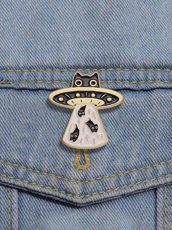 Cute Cartoon Cat & Space Ship Design Brooch Pin, Fashion Jewelry Accessories for Men & Women, Fashion Brooch for Party, Daily Clothing Decor, Trendy All-match & Exquisite Brooch for Birthday Gift