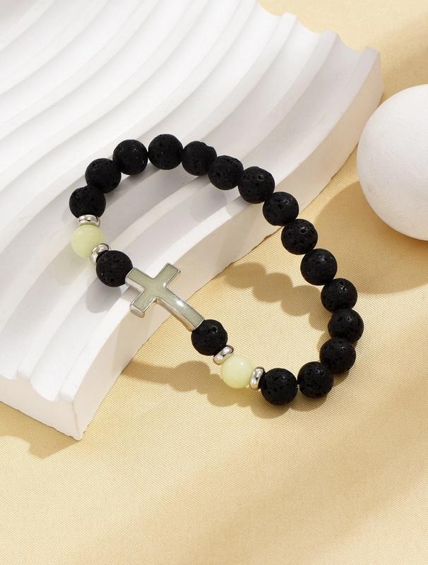 Glow In The Dark Beaded Bracelet Sports Luminous Cross Volcano Stone Beaded Elastic Bracelet for Women Men Energy Healing Bracelet Luck Jewelry Gifts