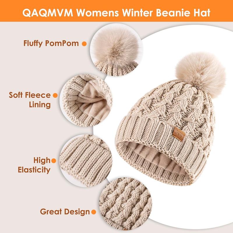 Women Winter Beanie Hat Scarf Gloves Set Pom Hat with Warm Fleece Lined Long Knit Scarf Touchscreen Gloves for Cold Weather