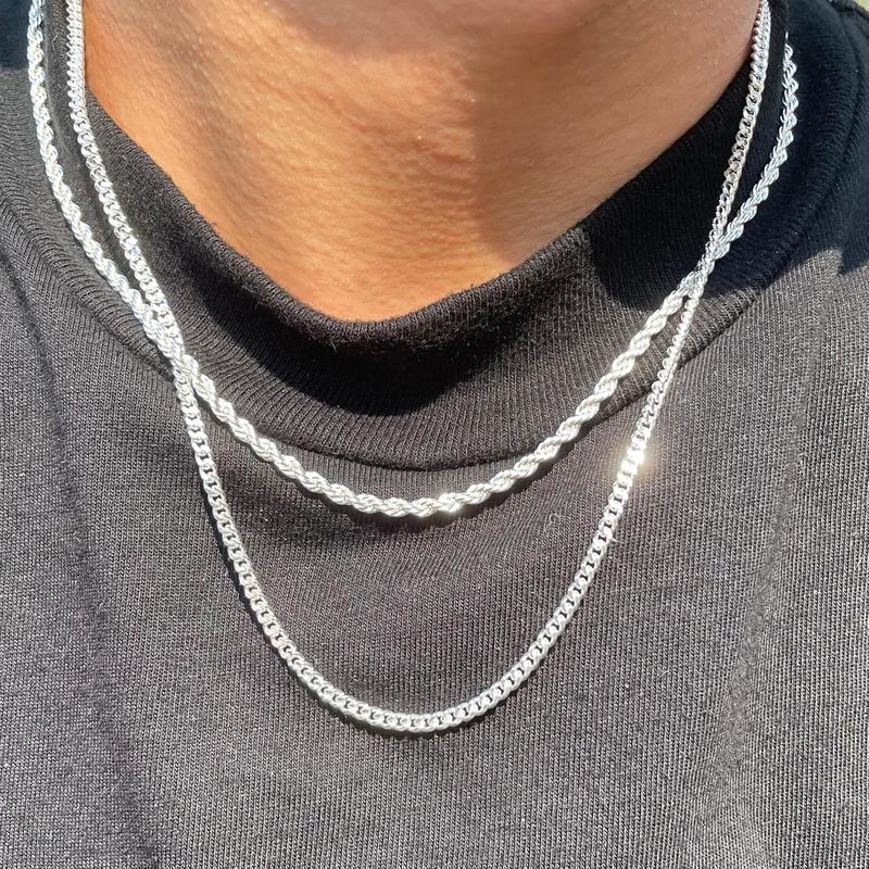 FREEKISS Trendy 2Pcs 3mm Chain Necklace For Men Layered Cuban Link Rope Necklaces Set Simple Jewelry Gift 18-28 Inches For Fashion