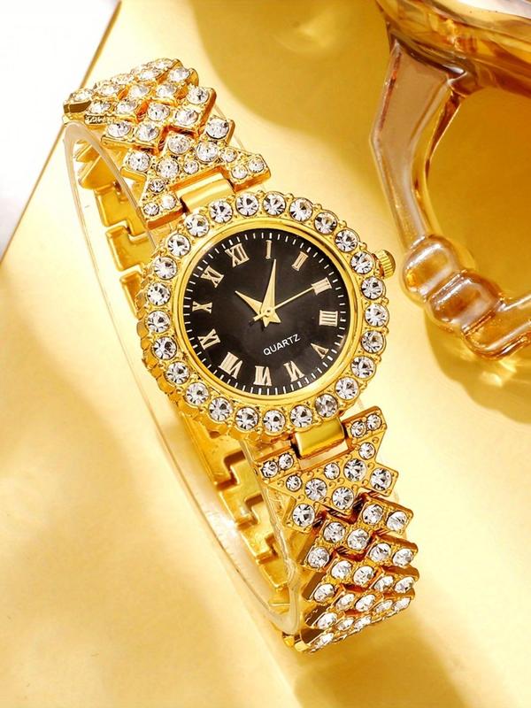 Women's Elegant Rhinestone Decorated Quartz Watch & Jewelry Set, Including Round Dial Watch & Dangle Earrings & Ring & Pendant Necklace, Fashion Watch Set for Party, Daily Decor