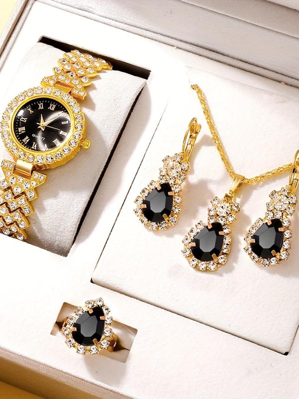 Women's Elegant Rhinestone Decorated Quartz Watch & Jewelry Set, Including Round Dial Watch & Dangle Earrings & Ring & Pendant Necklace, Fashion Watch Set for Party, Daily Decor