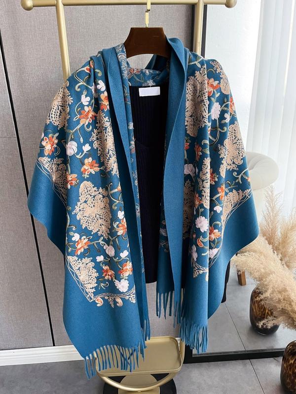 2024 New Style Floral Pattern Tassel Decor Shawl, Casual Soft Warm Scarf for Fall & Winter, Fashion Accessories for Women & Men Dainty Gift for Your Love