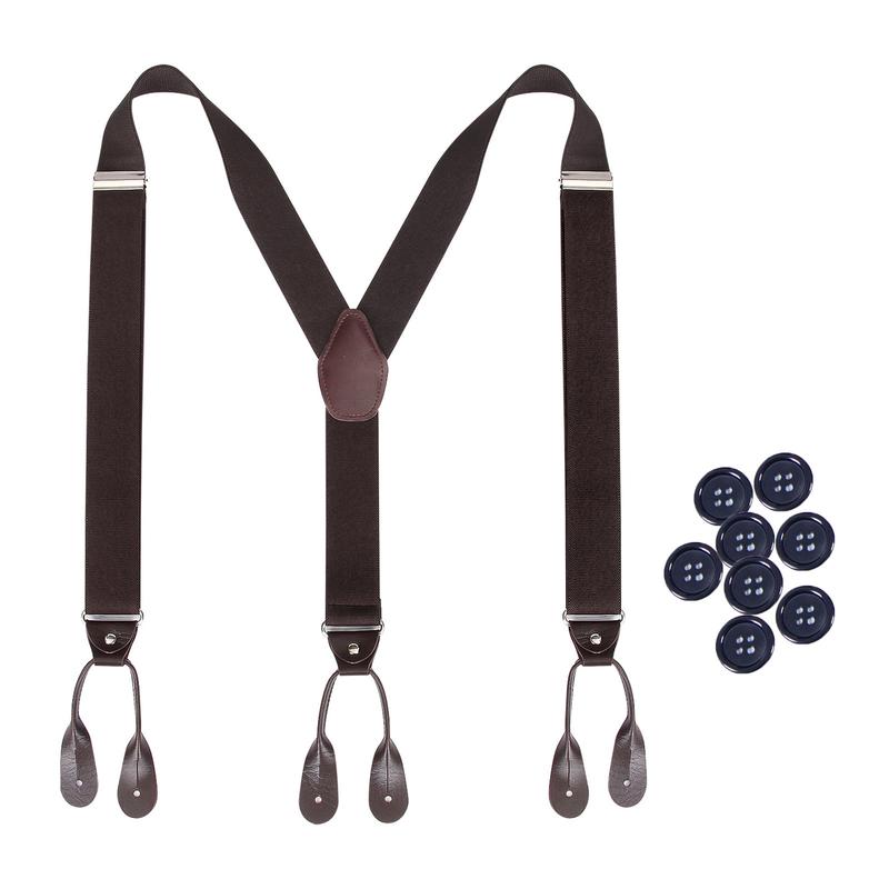 Mens Y-Back 1.4 Inches Wide Brown Button End Elastic Adjustable Tuxedo Solid Color Suspenders with 6Pcs Buttons