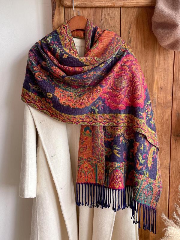 Paisley Print Fringe Trim Scarf, Casual Soft Warm Shawl for Women & Men, Fashion Accessories for Daily Wear