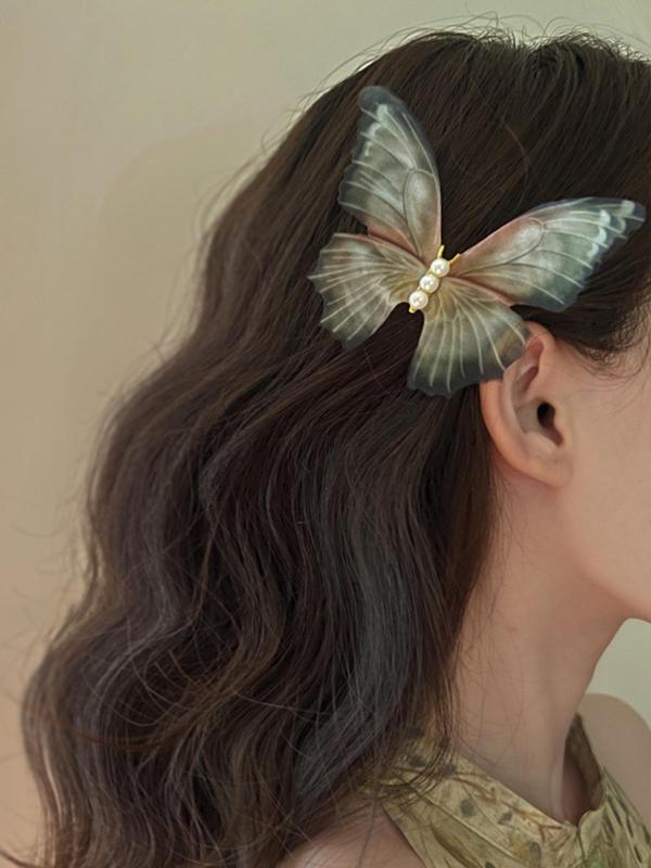 Double Layer Tulle Butterfly Hair Clips for Galentine's Party Style, Faux Pearl Decoration, Retro Design Temperament Bangs Hair Clips, Fashionable and Versatile Daily Hair Accessories, Gifts for Girls