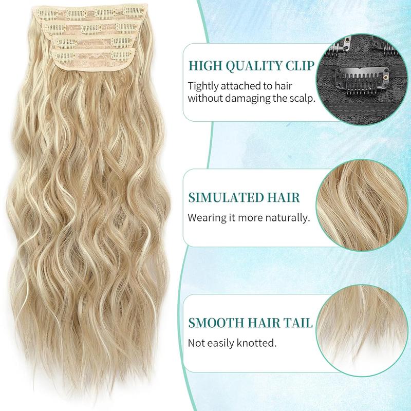 [KooKaStyle] Beach Blonde Hair Extensions Clip in Synthetic Highlight Hair Extensions Long Wavy 4PCS Thick Hairpieces 20 Inch for Women