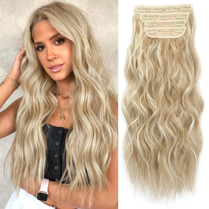 [KooKaStyle] Beach Blonde Hair Extensions Clip in Synthetic Highlight Hair Extensions Long Wavy 4PCS Thick Hairpieces 20 Inch for Women