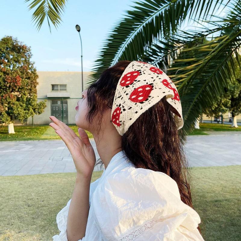 AWAYTR 2Pcs Set Knitted Bandana Strawberry Mushroom Pattern Head Kerchief Hair Scarf Hair Scarves Crochet headband Tie Back Headwrap