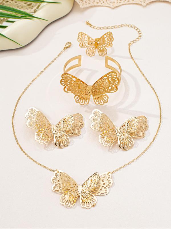 Butterfly Design Hollow Out Jewelry Set, Fashion Necklace Earrings Ring Bracelet for Party, Daily Clothing Decor, Trendy All-match Jewelry for Birthday Gift