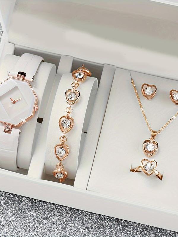 Women's Elegant Rhinestone Decor Quartz Watch & Jewelry Set, Including Round Dial Analog Wristwatch & Bracelet & Pendant Necklace & Ring & Stud Earrings, Fashion Watch Set for Women As Gift