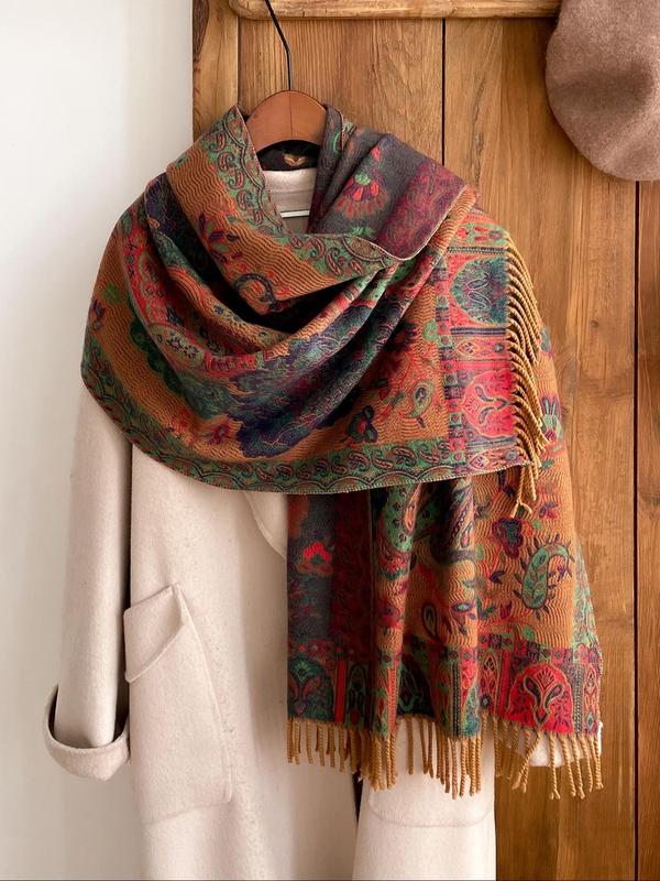 Paisley Print Fringe Trim Scarf, Casual Soft Warm Shawl for Women & Men, Fashion Accessories for Daily Wear